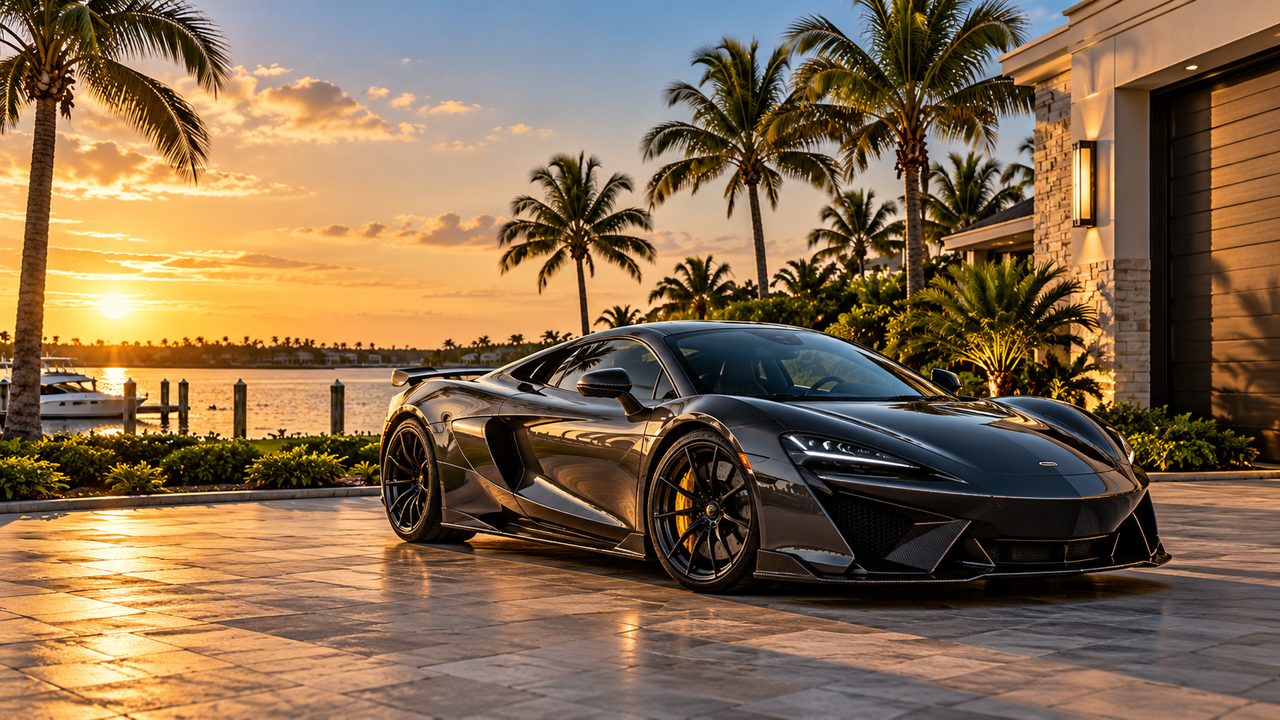 Charcoal exotic sports car parked on a stone drive by the water at sunset