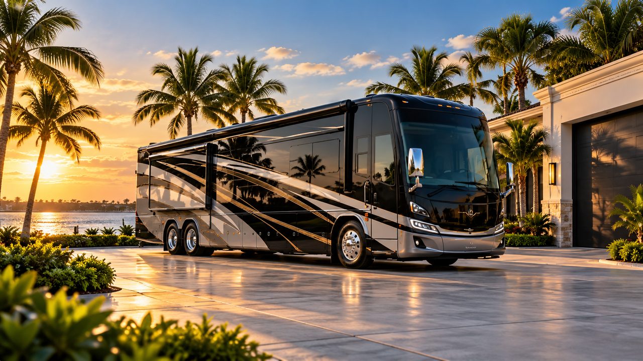 Black and silver luxury Class A motorcoach on a palm-lined Southwest Florida drive at sunset